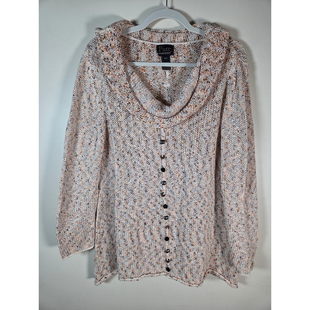 Pure Handknit Sweater Womens M/L Orange White Marled Cowl Neck Button Front Boho